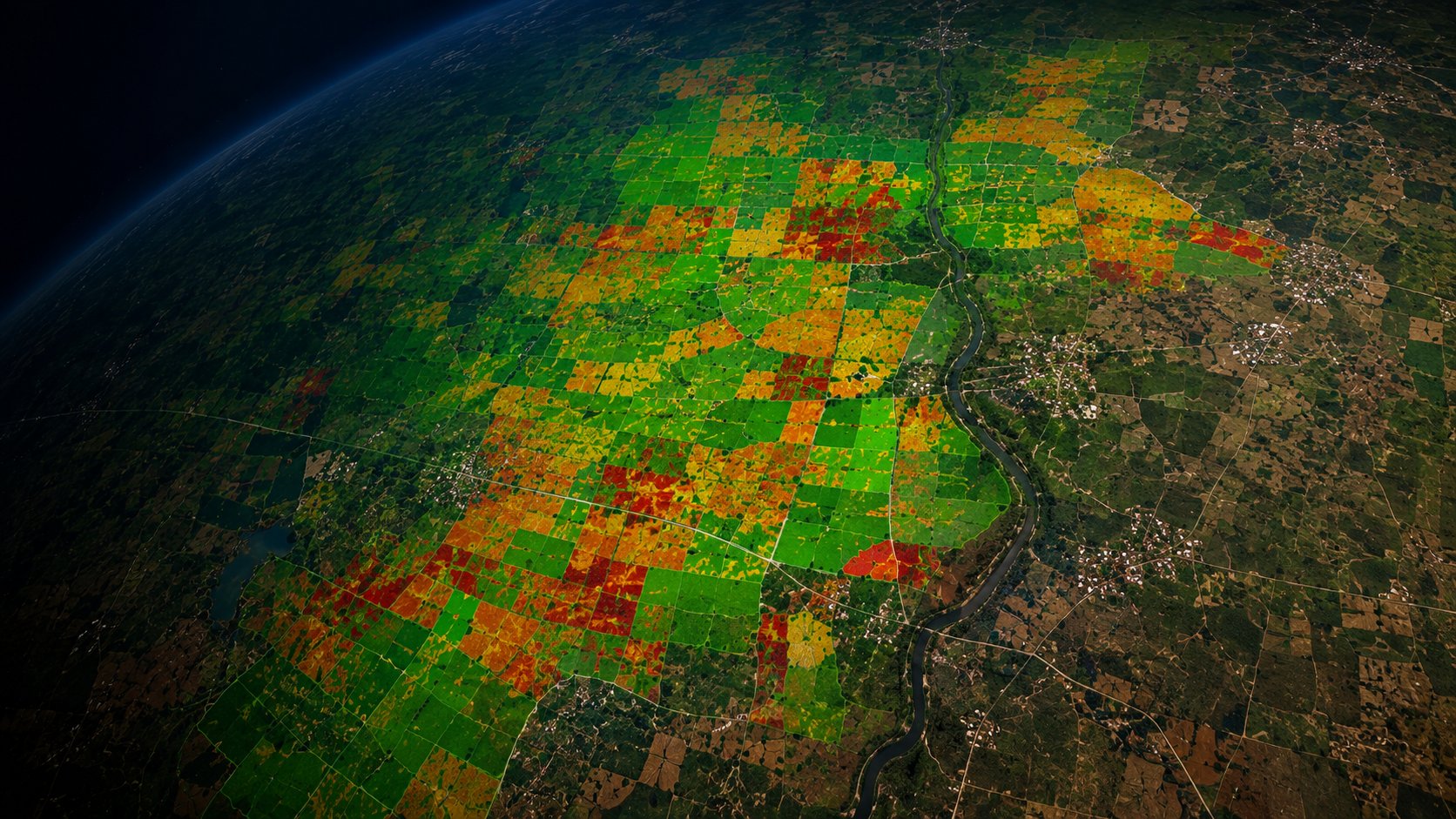 Satellite spectral analysis reveals the true health of farmland — green zones healthy, amber and red zones flagging stress